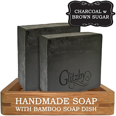 Handmade Soap - Bamboo Charcoal w Brown Sugar (2 pack with Bamboo Soap Dish) Cold Process Soap Bar with Tray