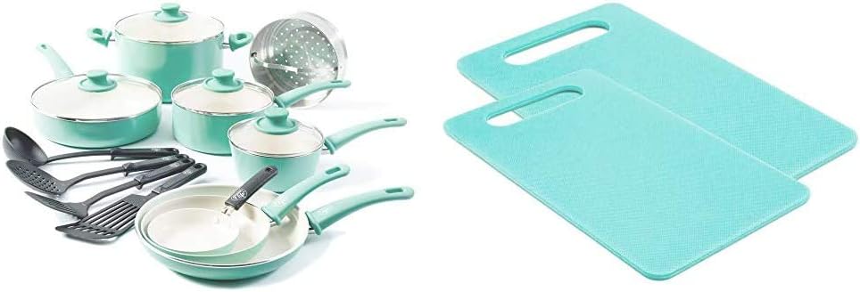 GreenLife Soft Grip 16pc Ceramic Non-Stick Cookware Set, Turquoise - CC001007-001 & CC001730-001 2-Piece Cutting Board Set, Medium & Large, 2pc, Turqouise