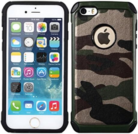 iPhone Se Case,iPhone 5 Camo Case,2 In 1 Plastic Leather and TPU Hybrid Slim Strong Hard Back Heavy Duty Shockproof Armor Camouflage Cover Case for iPhone 5/5s/Se - Green