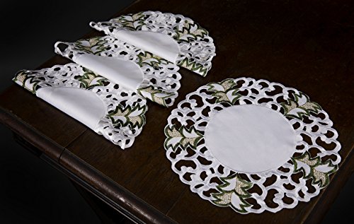 Xia Home Fashions Tannenbaum Embroidered Cutwork Christmas Round Doilies, 12-Inch, Set of 4
