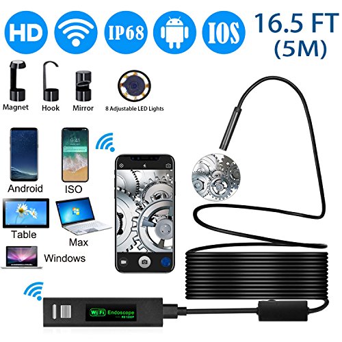Wireles-Endoscope-CameraOVEHEL-8mm-HD-1200P-Waterproof-IP68-Wifi-Endoscope-Inspection-Camera-20MP-Borescope-Snake-Camera-with-5M-Cable-for-ISO-and-Android-iPhoneSamsungTable-Black165FT