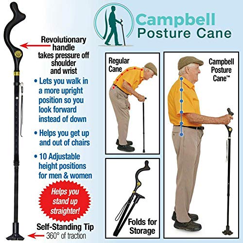 Posture Cane - Adjustable Anti Shock Hiking Walking - Trekking Poles | Mobility Device, Portable, Lightweight, Adjustable, Self-Standing, Folding, Collapsible Hand Walking Stick, 10 Height Adjustment