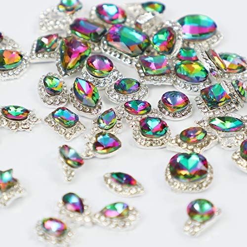 48pcs Big Mix Sizes Different Shapes Colorful AB Iridescent 3D Crystals Diamonds Large Rhinestones Bow Silver Metal Charms Gems Stones for Nail Art Beauty Design Decoration Craft Jewelry DIY
