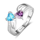 Love Jewelry Personalized Mother Daughter Rings with 2 Heart Simulated Birthstones Custom Women Promise Rings for Her