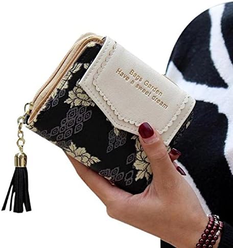 Women Cute Wallet Coin Purse Bifold Floral Wallet Clutch Bag Zippered Wallets with Tassels (black)