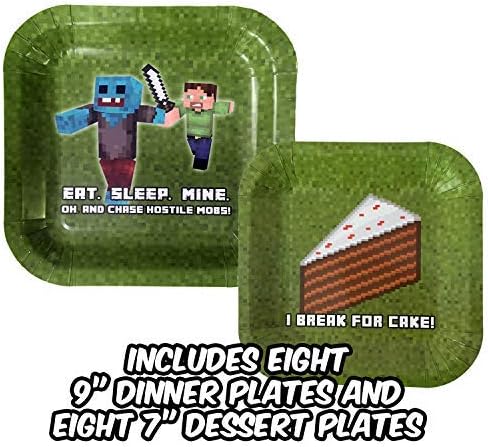 New, Thicker Party Plates in This Miner-Theme Paper Plates Set (Pack of 8) for Pixel Gamer Parties. Birthday Party Supplies That Keep Cake Off The Floor, Unlike with More Flimsy Birthday Plates!