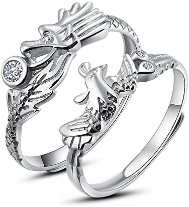 LOCHING Dragon and Phoenix 925 Sterling Silver Zircon Couple Lovers Band Ring Wedding Promise Engagement Anniversary Ring Set Adjustable size