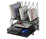 EasyPAG Mesh Desk Organizer with Double Trays Sliding Drawer and 5 Upright File Holder,Black