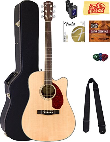 Fender CD-140SCE Dreadnought Acoustic-Electric Guitar - Natural Bundle with Hard Case, Tuner, Strap, Strings, Picks, Austin Bazaar Instructional DVD, and Polishing Cloth