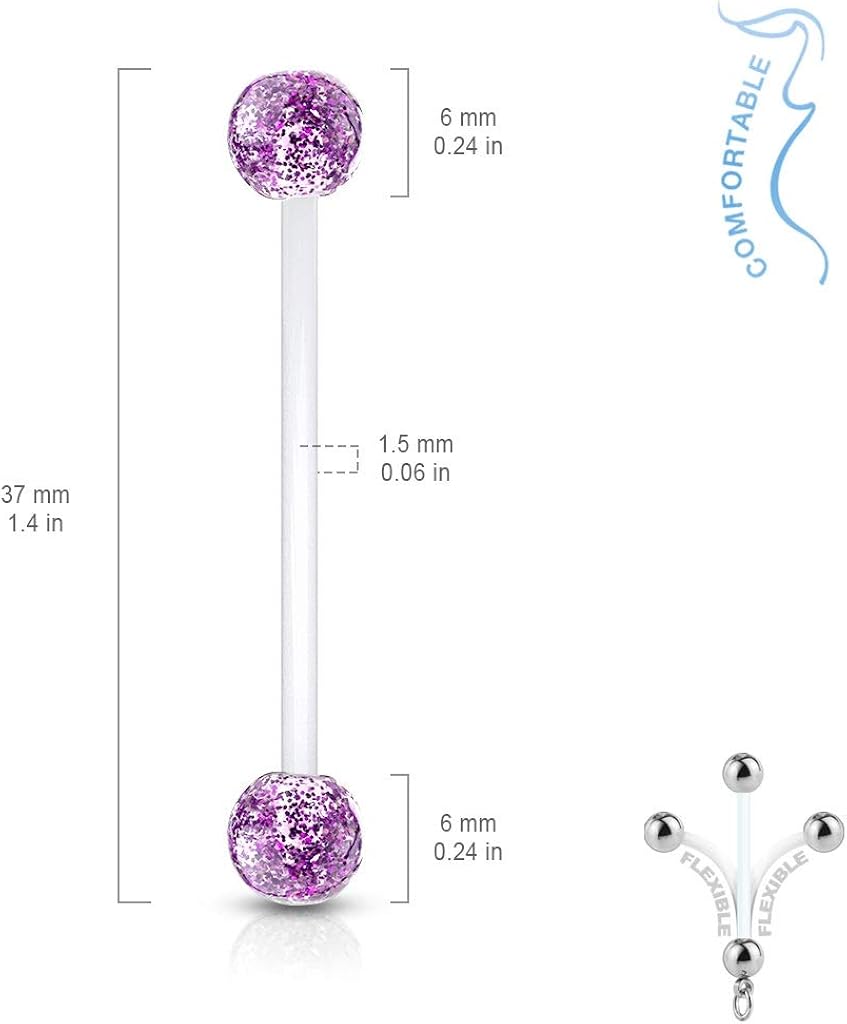PiercedOff Bioflex 1.6mm Retainer with 6mm Clear Glitter Balls - Bar Length 25mm - Image 3