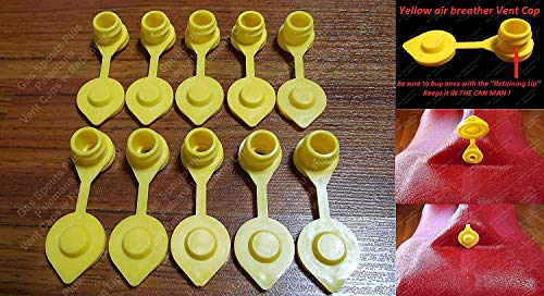 10-Pack New Yellow Air Breather VENT CAPS with Retaining Lip - Super Easy to Install on Gas Can for a Faster Smoother Pour GALLON FUEL DIESEL KEROSENE JUG BLITZ MIDWEST SCEPTER WEDCO BRIGGS & STRATTON