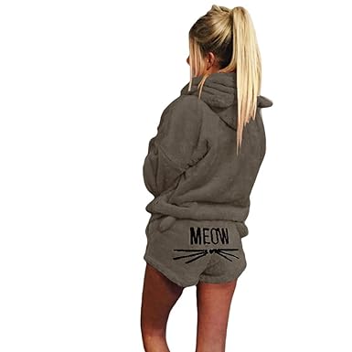Ketamyy Damen Zwei Stück Schlafanzug Winter Warm Bequem Pyjamas Sets Kuscheliger Katzenohren Kapuzenpullover + Cat Stickerei 