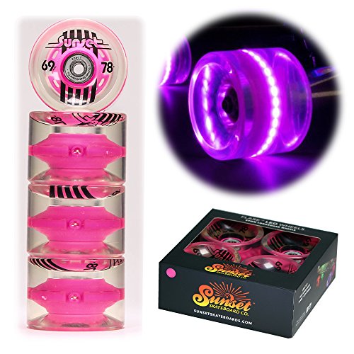 Sunset Skateboards Pink 69mm Longboard LED Light-Up Wheels Set with ABEC-7 Carbon Steel Bearings (4-Pack)