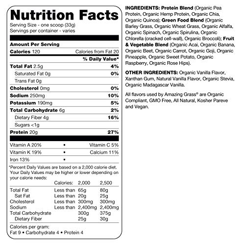 Amazing Grass Protein Superfood: Organic Vegan Protein Powder, Plant Based Meal Replacement Shake with 2 servings of Fruits and Veggies, Pure Vanilla Flavor, 10 Single Serve Packets, 10.9 Ounce