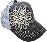 Womens Olive & Pique Contrasting Stitch Rhinestone Flower Trucker Cap (Grey)