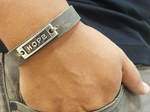 Grey Handmade Stackable Leather Wrist Jewelry for Men, Women's Friendship Bracelet with Silver Plated Hope Charm