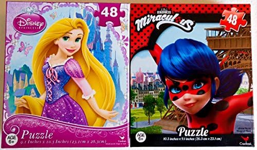 Disney Princess Tangled Rapunzel and ZAG Miraculous Ladybug Eiffel Tower (48 Piece Jigsaw Puzzles) Girls Bundle Set of 2