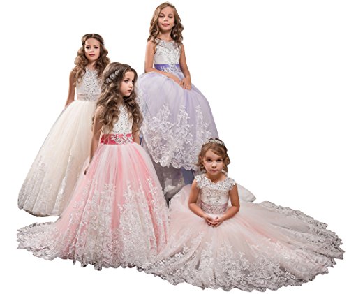 KSDN Wedding Flower Girls Dresses Princess Gowns First Communion Pageant Gown(US 4 Blush)