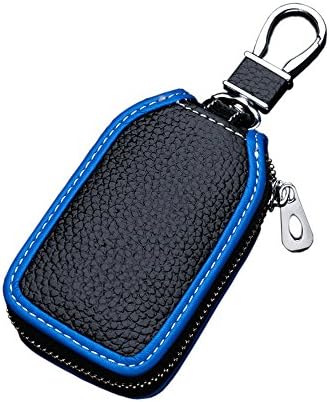 Car key case key Bag Wallet - Superior Genuine Leather Auto Car Key FOB Holder Protector Cover Smart Key Chain with Metal Hook and zipper Closure Universal (Black+Blue)