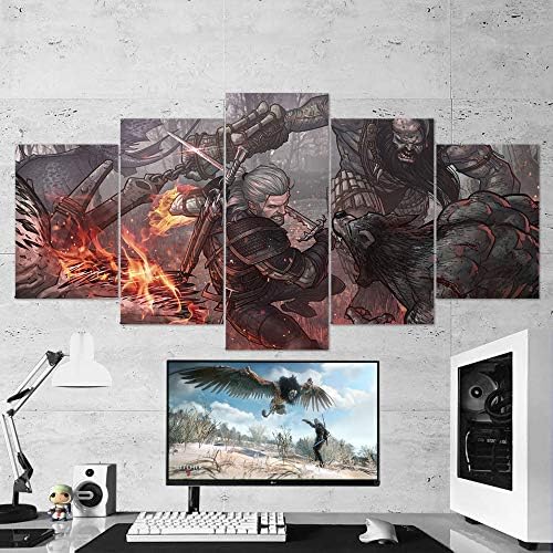 Game Wall Art - The Witcher, Geralt of Rivia, Wild Hunt, Multi Panel Art, 5 Piece Canvas Wall Art, Gaming Canvas, Wall Decor, Framed Ready to Hang (Large 59"x32")