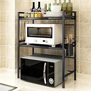 Mocosy Uitbreidbaar magnetronrek, 2-laags keukenrek en organizer met 3 haken, koolstofstaal magnetronplank, 50 pond…