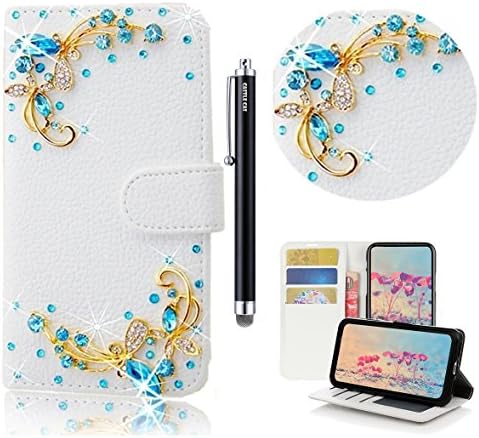 Google Pixel 2 XL Bling Wallet Case - Castle Cas 3D Handmade Sparkle Crystal Pretty Butterfly PU Leather Anti-Scratch Card Slots Bumper Design Cover for Google Pixel 2 XL - Blue