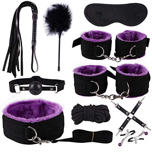 happinesssale Binding Bundled Suit Plush Yoga Purple Nylon 10Pcs/Set Long Fur Warm Winter Gear Sēx Kit Hāndcuff Whip Blindfold SM Cosplay Queen Rëštrâîňtš for Partner Fun Toy Passionate Moment