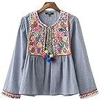 Lingswallow Women's Vintage Blue Loose Tribal Floral Embroidered Stripe Blouses