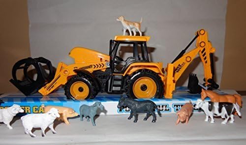 okk Farmer John Big Construction Tractor 15" Long Toy & 10 Farm Animals in Trailer 8 Wheels Friction Powered Fully Detailed &