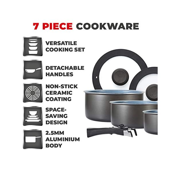 Tower Freedom T800201 7 Piece Cookware Set with Ceramic Coating, Stackable Design and Detachable Handle, Graphite…