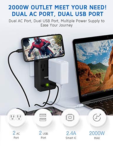 Universal Adapter, TESSAN Travel Adapter, USB Travel Power Charger Universal Charger Kit 2000W, 2 USB Ports 2 US Outlets with 5 Plug for Europe Italy UK Japan China Australia HK Cover 200+ Countries - Thumbnail 4
