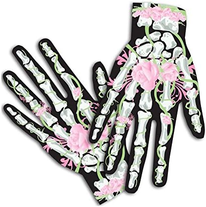 Scary Mary Skeleton Halloween Costume Gloves for Female, Hot Pink (Roses &amp; Bones)