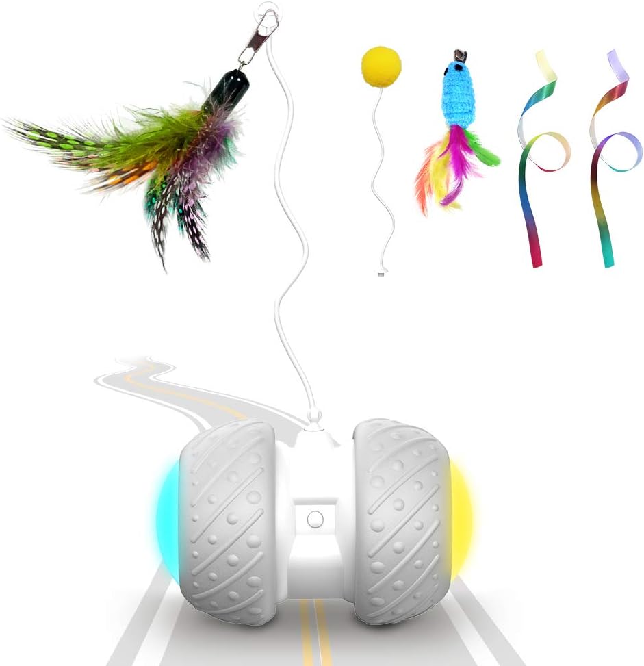 k-berho Cat Toys Interactive, Cat Toys for Indoor with Feather, Ball, Mouse and 2 Color Ribbons, Automatic Cat Toy with Irregular USB Charging 360 Degree Self Rotating Ball : Pet Supplies