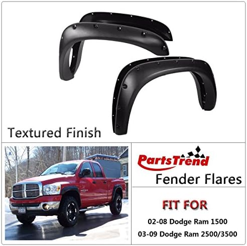 4pcs Textured Black Pocket-Riveted Fender Flares Kit Wheel Cover Set for 2002-2008 Dodge Ram 1500 and 2003-2009 Dodge Ram 2500 3500
