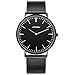 SINOBI Mens Slim Quartz Watch Black Ultra Thin Minimalist Wrist Watch with Stainless Steel Milanese Band and Analogue Display