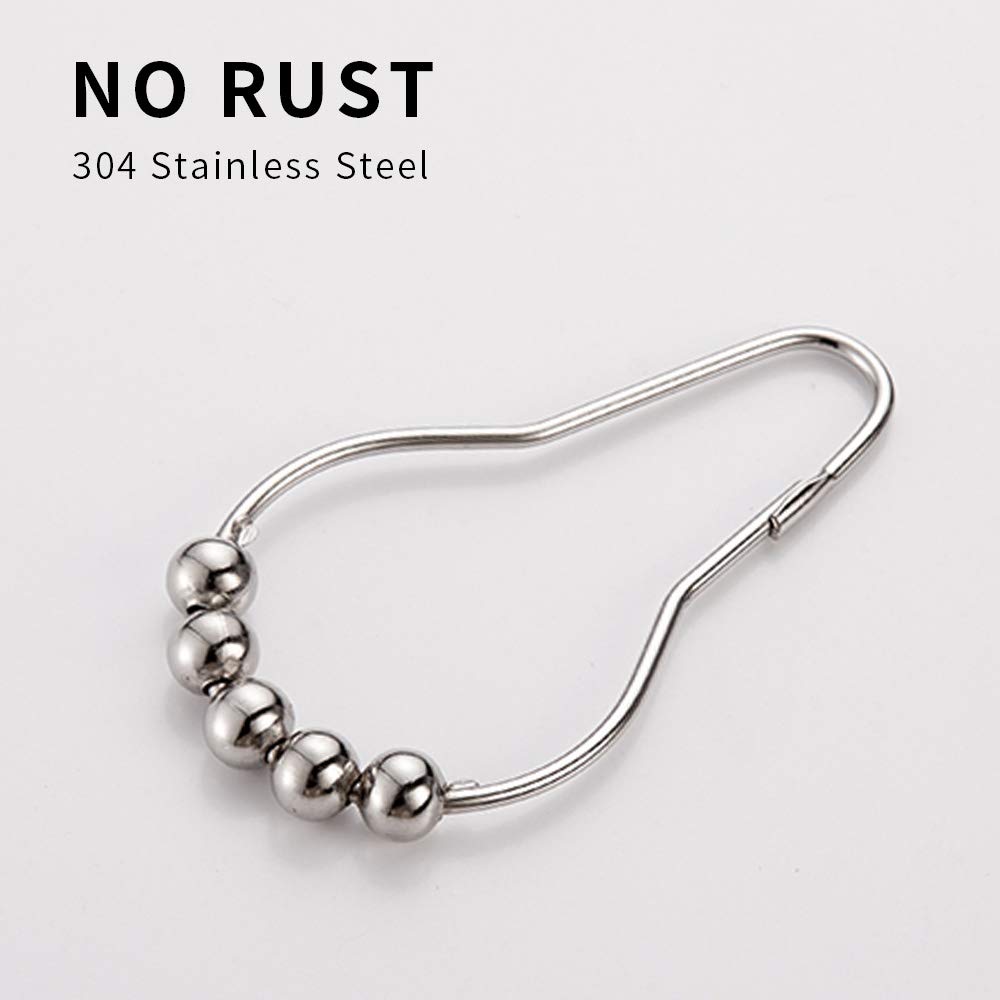 Rustproof Shower Curtain Hooks Rings, Heavy Duty 304 Stainless Steel, Roller Glide Hooks, Polished Nickle, Set of 12