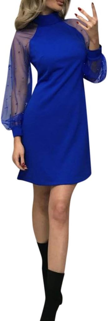 Strungten - Women's Elegant Mini Dress Plus Size Mesh Contrast Pearl Beading Sleeve Turtle Neck Stretchy Bodycon Cocktail Party Pencil Dress
