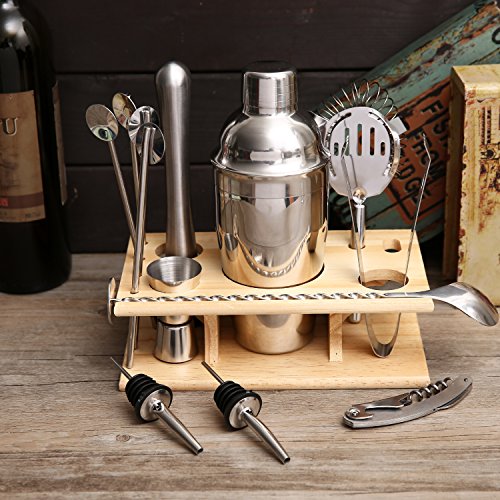14 Piece Cocktail Shaker Set - Bar Accessories: Cocktail Shaker, dual capacity jigger, 4 drink stirrer, cocktail muddler, ice tongs, mixing spoon, 2 bottle poures, wine opener, and Wooden Gift Box