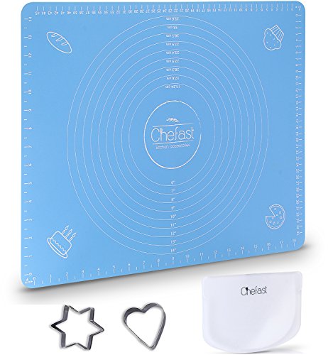 Chefast Non-Slip Pastry Mat Set: Combo Kit of Silicone Mat with Measures and Non-Stick Surface, Plastic Bowl Scraper, and 2x Cookie Cutters for Baking - Great for Rolling Dough, Fondant, Pies and More