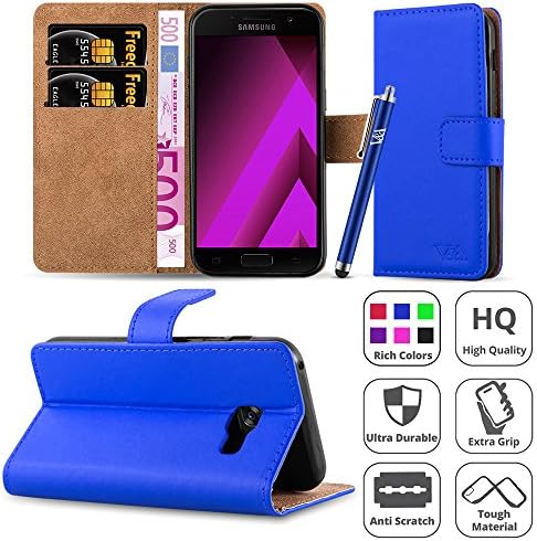 Galaxy A5 2017 Case, [Premium Leather] Wallet Book Card Case Cover Pouch For Samsung Galaxy A5 2017 [Free Screen Protector With Microfibre Polishing Cloth] &amp; [Free Touch Stylus] (Blue)