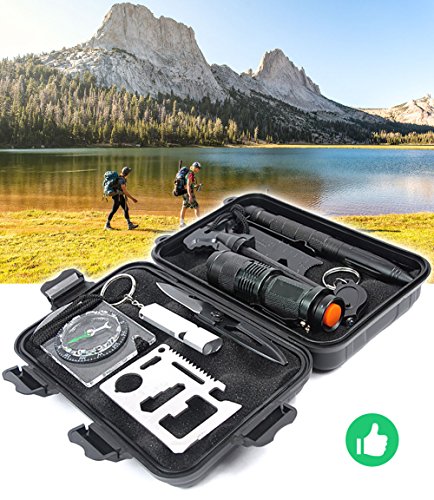 Emergency Survival Gear Kit, 10 in 1 Outdoor Survival Tool EDC with Fire Starter, Flashlight, Whistle, Compass, Knife, Saber Card for Camping Fishing Kit Travel Wild Adventure Earthquake Birthday Gift