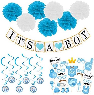 Boy Baby Shower Decoration Kit (47pcs)- Baby Shower Photo booth Props, Its A Boy Banner, Blue Swirls, Blue and White Tissue Flowers Pompoms - Baby Shower Ideas For Boys - Boy Baby Shower Themes