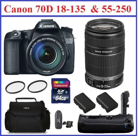 Canon EOS 70D Digital SLR Camera with 18-135mm STM IS &amp; Canon EF-S 55-250mm f/4.0-5.6 IS II Telephoto Zoom Lenses Pro Kit - Includes 64GB SDXC Class 10 Memory Card, Battery Grip, Deluxe Gadget Bag, 58mm &amp; 67mm UV Filters, Card Reader and Spare LP-E6 Batteries (2)