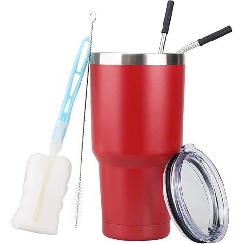 30oz Tumbler Stainless Steel Vacuum Insulated Tumbler Double Wall Travel Mug Coffee Cup with Lid, Metal Straw and Brush (1, Red)