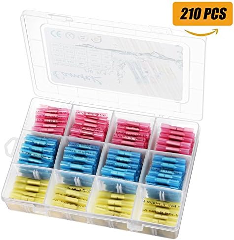 210PCS Heat Shrink Butt Connectors Terminals, Camtek Waterproof Wire Connectors Electrical Connectors Insulated Crimp Terminals Marine Automotive Butt Splices Electrical Terminals Kit(3 colors/3 size)