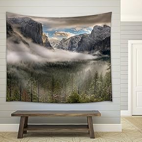The Sun Peaks Over The Sierras for Its First Glimpse of The Yosemite Valley. - Fabric Wall Tapestry Home Decor - 51x60 inches