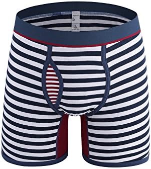 Novee Men's Sexy Stripe Soft Active Boxer Briefs Trunks Underwear Pouch Open Fly Stretch (Boxer-Thick Blue XL)