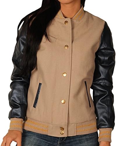 Sportier Junior Wool Blend Varsity Jacket With Faux Leather Sleeves, Camel/Navy, Size Large
