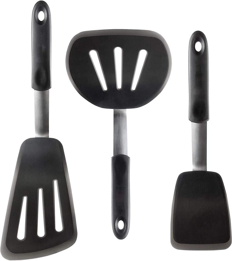 DELFINO Spatula Set, Professional Rubber Spatulas for Cooking Chef Series Stainless Steel and Premium Flexible Silicone, Non-Stick 600F Heat Resistant Utensils for Cooking Flipping Pressing 3 Pack