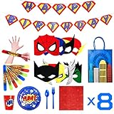 Superhero Party Supplies - Superhero Birthday Party Favors Set - Felt Masks for Kids - Slap Bracelets - Favor Bags - Banner & Decorations - Plates Cups Napkins Silverware